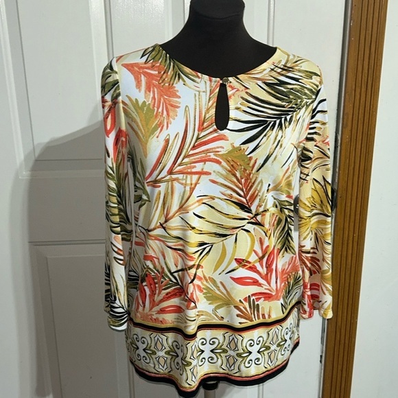Kasper Orange and Green Palm Leaf Print Top Size Small - Picture 1 of 5